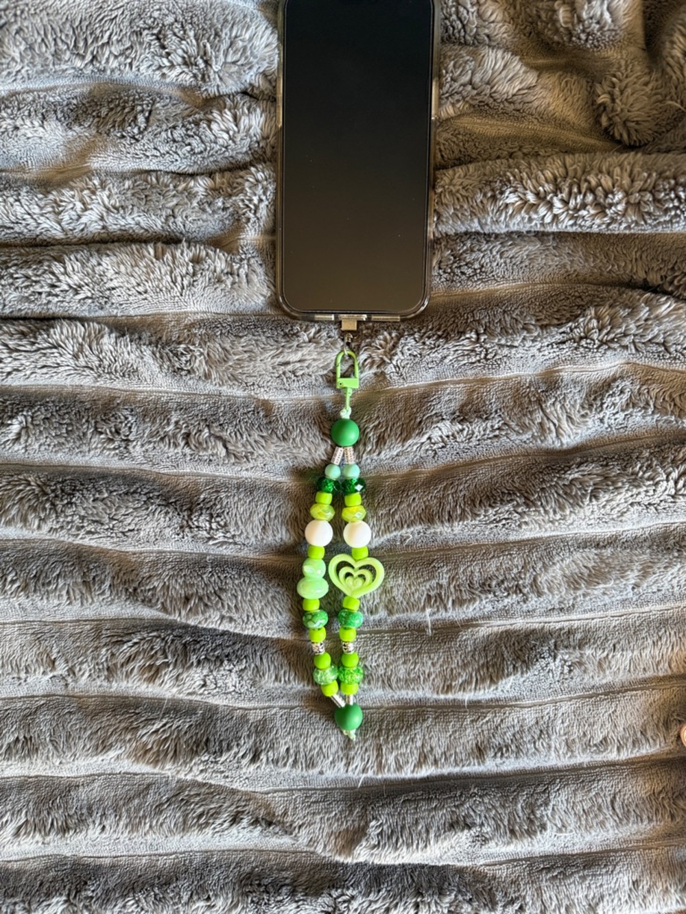 Green Beaded Phone Charm Strap with Heart Accent - Unbranded